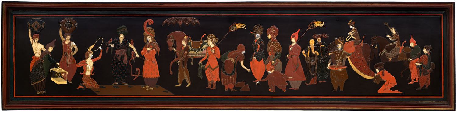 Image of a long lacquered panel featuring orientalized figures in shades of red, yellow, and brown.