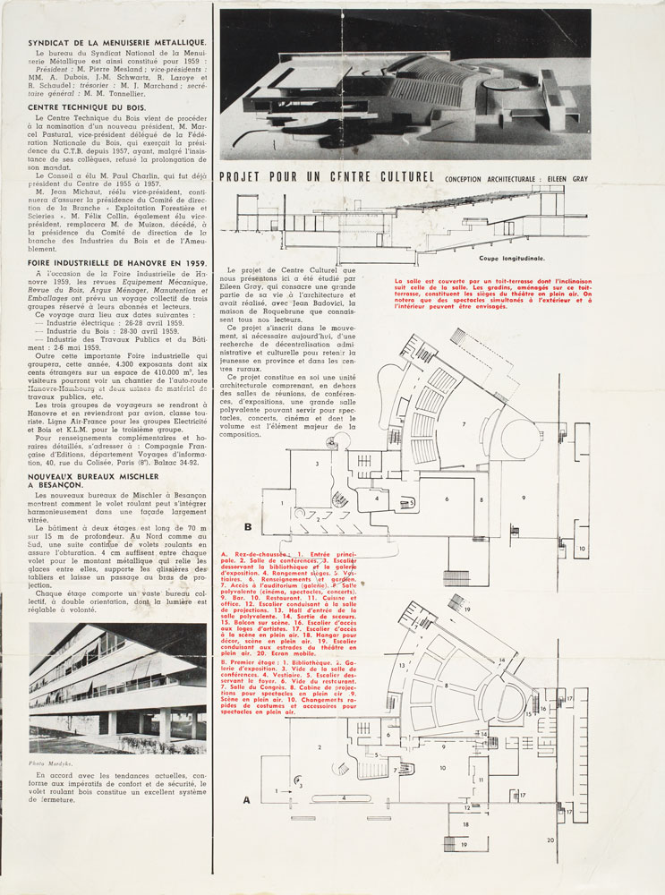 Page from L’Architecture d’Aujourd’hui depicting Gray's plans for a cultural and social center.