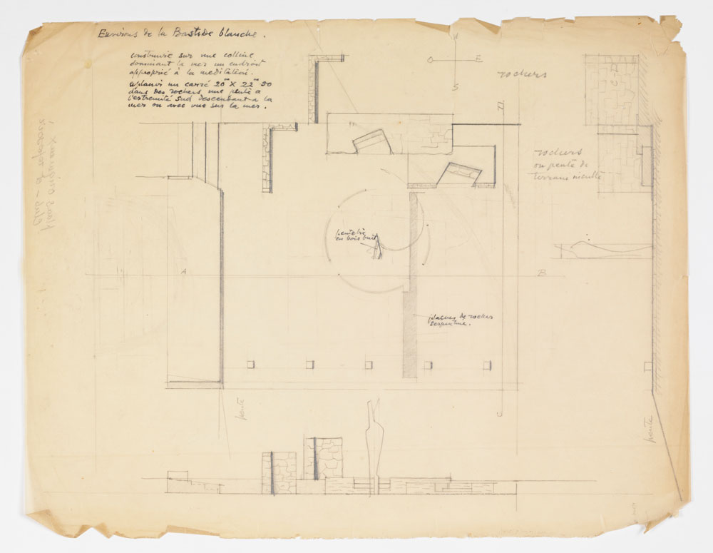 Drawing of a composite plan, elevation, and section with annotations.