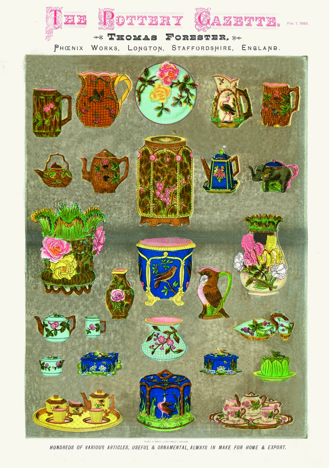 The Pottery Gazette Thomas Forester colored advertisement depicting variety of colorful majolica wares on green background.