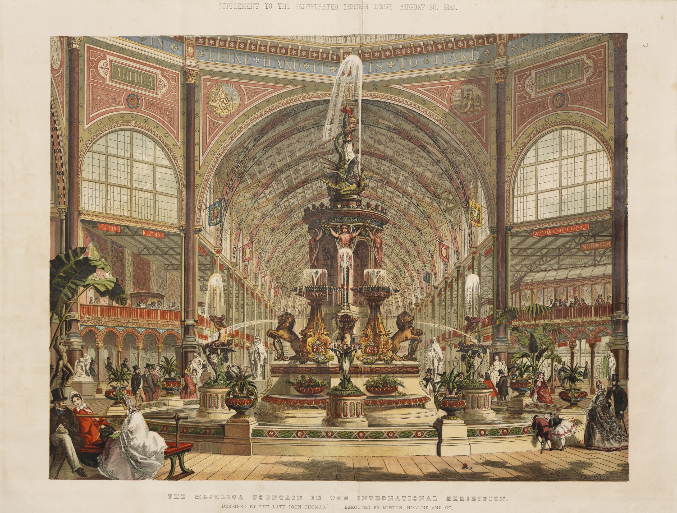 Print of the grand Majolica Fountain inside a cavernous windowed hall.