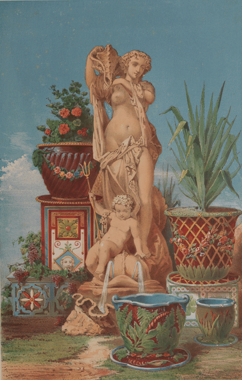 Chromolithograph of a group of red and green majolica garden vases around a terra cotta fountain in the form of a nude woman and child.
