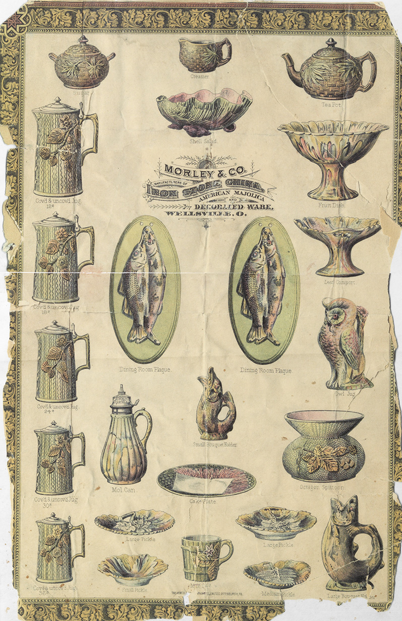Morley & Co. majolica advertising flyer with illustrations of green and brown various majolica wares.