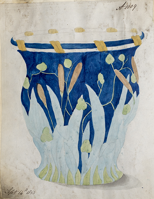 Pen-and-ink and watercolor of dark blue flower pot with cattails. Cattails are brown with light blue leaves and green ivy with green laves at base, lip has yellow winding ribbon and white stripe.