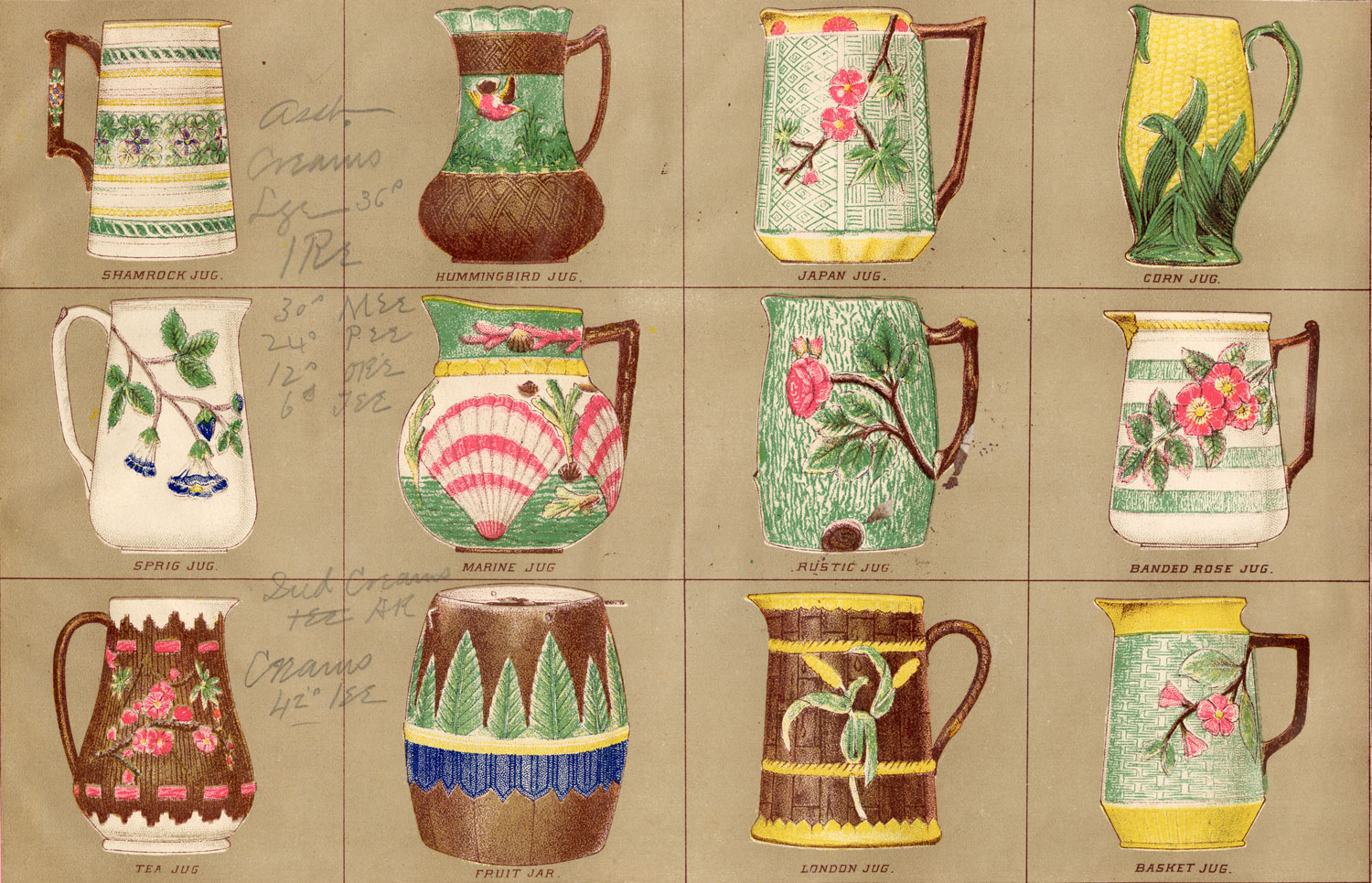 Colored woodcut of twelve majolica jugs in a four-by-three grid on a brown background. Pencil notes written on the left side on the first and second columns.