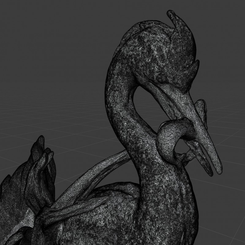 cropped screenshot, black triangulated mesh forming heron's head and upper body