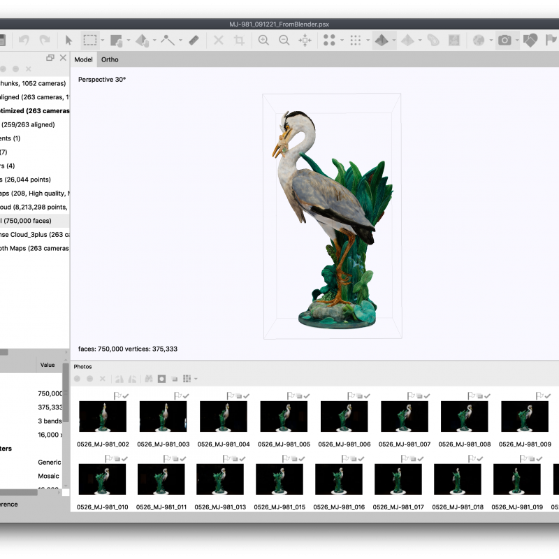 screenshot of window, color mapped onto final model of heron