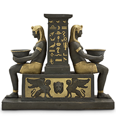 A statue depicting two seated ancient Egyptian figures in side profiles, facing away from each other while holding bowls. They are backed by a central pillar adorned with hieroglyphics and flanked by two sphinx-like creatures at the base.