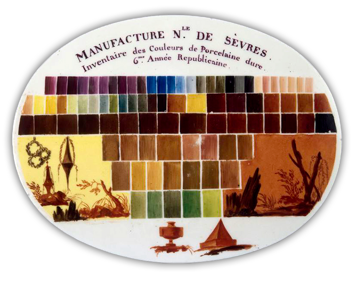 An oval-shaped color chart titled "Manufacture N. de Sèvres," showing various shades used in porcelain. The chart features a grid of colored squares and decorative illustrations in brown tones at the bottom. Text in French is displayed at the top.