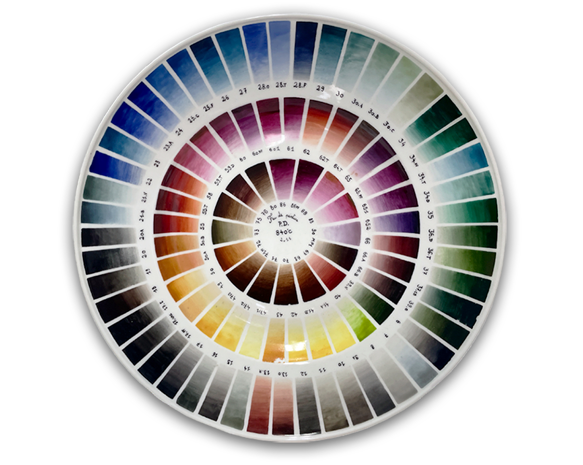 A circular array of color swatches arranged in a spiral, displaying a gradient from dark to light hues. Each swatch is labeled, showcasing a spectrum of colors from blues and greens to reds and browns.