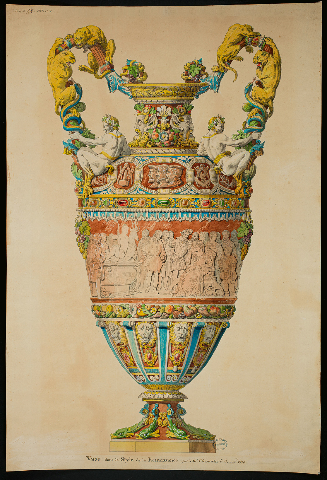 Ornate Renaissance-style vase illustration. The colorful, intricately detailed urn features decorative cherubs, mythical creatures, and elaborate patterns with a mix of blues, greens, yellows, and reds. The base is wide and equally decorated. Handwritten text at the bottom.