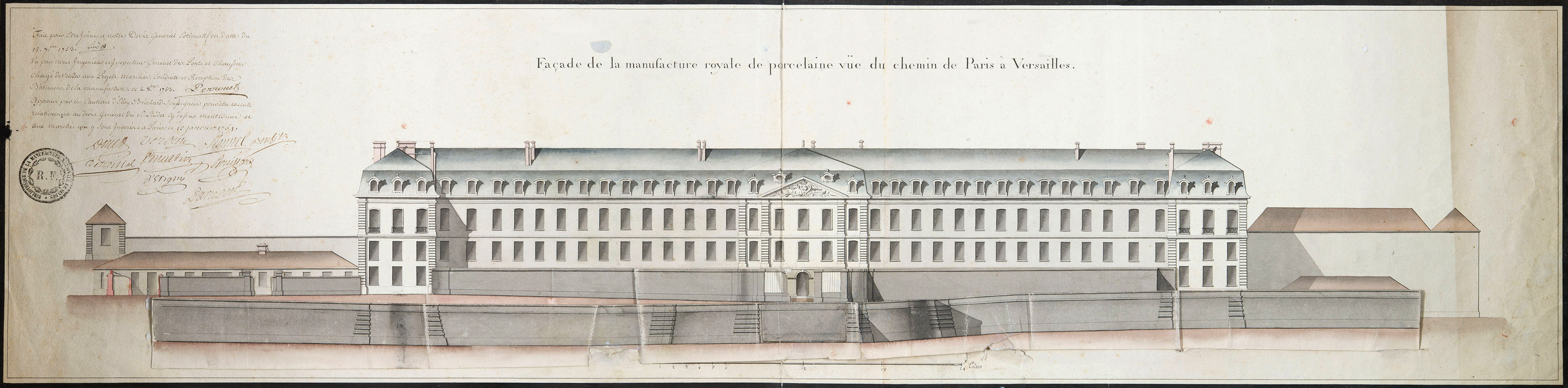 Architectural drawing of the front view of the Royal Military School (École Militaire). The detailed illustration features a long, multi-story building with a blue-gray roof, symmetrical windows, and entrances. Handwritten notes and signatures are visible on the left.