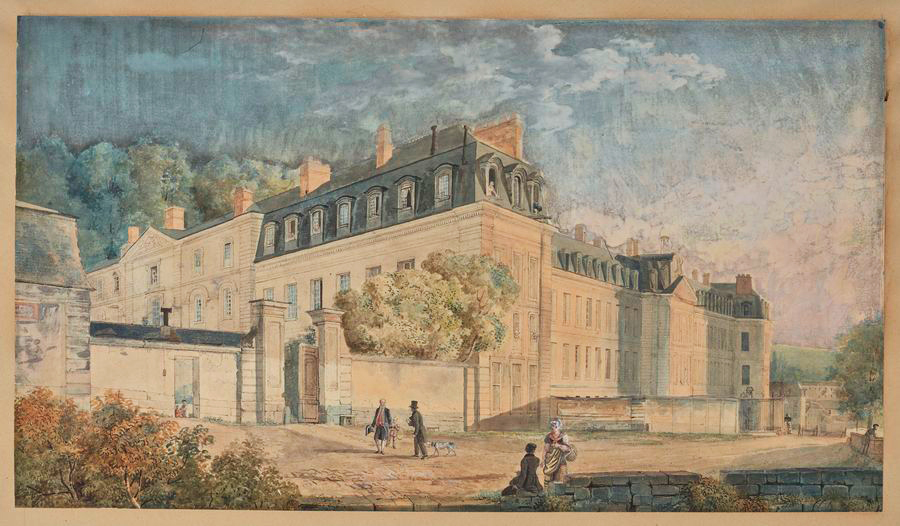 A detailed painting depicting a grand stone building with classical architecture, surrounded by greenery under a partly cloudy sky. Several people walk nearby, including a person on horseback and another leading a dog, suggesting a leisurely atmosphere.