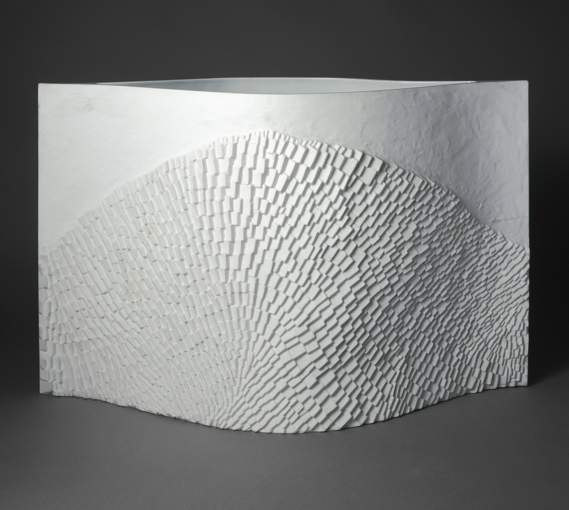 A white, abstract sculpture with a textured, fan-like pattern emerging from a smooth, curved background. The detailed texture consists of closely packed, small, rectangular protrusions, creating a visually dynamic effect against the plain, dark background.