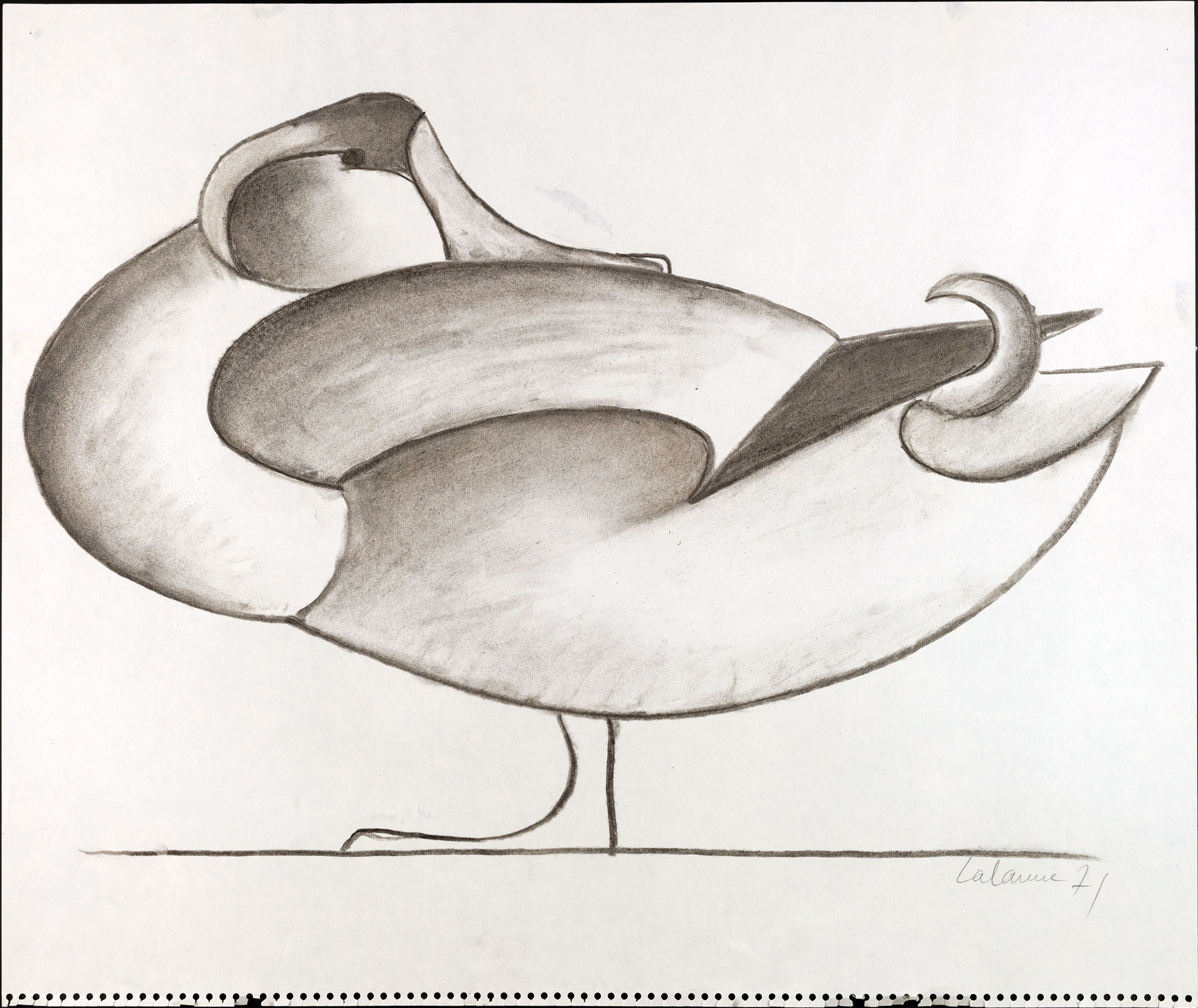 A minimalist, charcoal drawing of a stylized bird, featuring sweeping curves and an abstract design. The bird's shape is formed with simple yet bold lines, and it stands on one leg with its beak pointing upward. The signature "Lalanne" is visible in the bottom right corner.