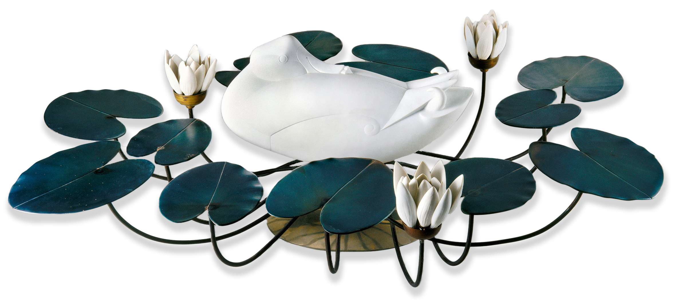 A white ceramic sculpture of a bird resting in the center of a decorative arrangement with dark green metallic lily pads and white water lilies on delicate stems. The artwork is set against a plain gray background.