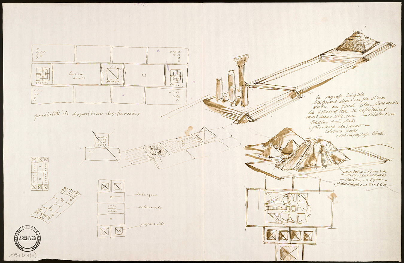 A detailed sketch of architectural plans and diagrams, featuring handwritten notes in Spanish. The designs include building layouts, perspective views of structures with columns, and mountain-like formations. The paper has a watermark in the corner indicating "Archivo".