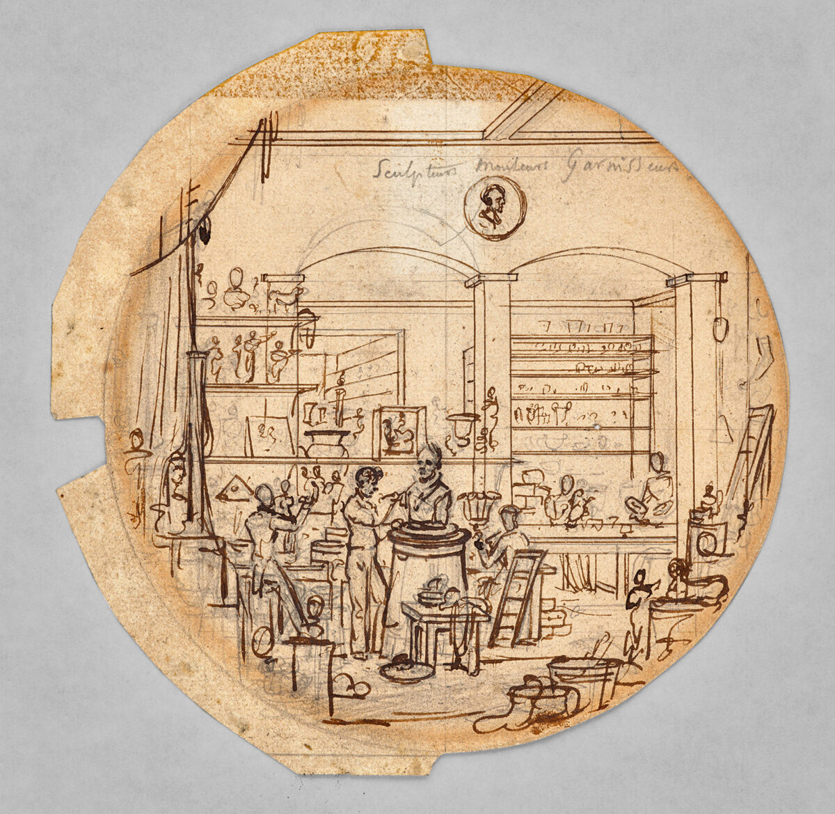 A detailed sketch depicts a bustling artist's studio filled with sculptures, paintings, and pottery. Artists are actively working on various projects while surrounded by shelves and tables full of materials. A small medallion design is featured at the top center.