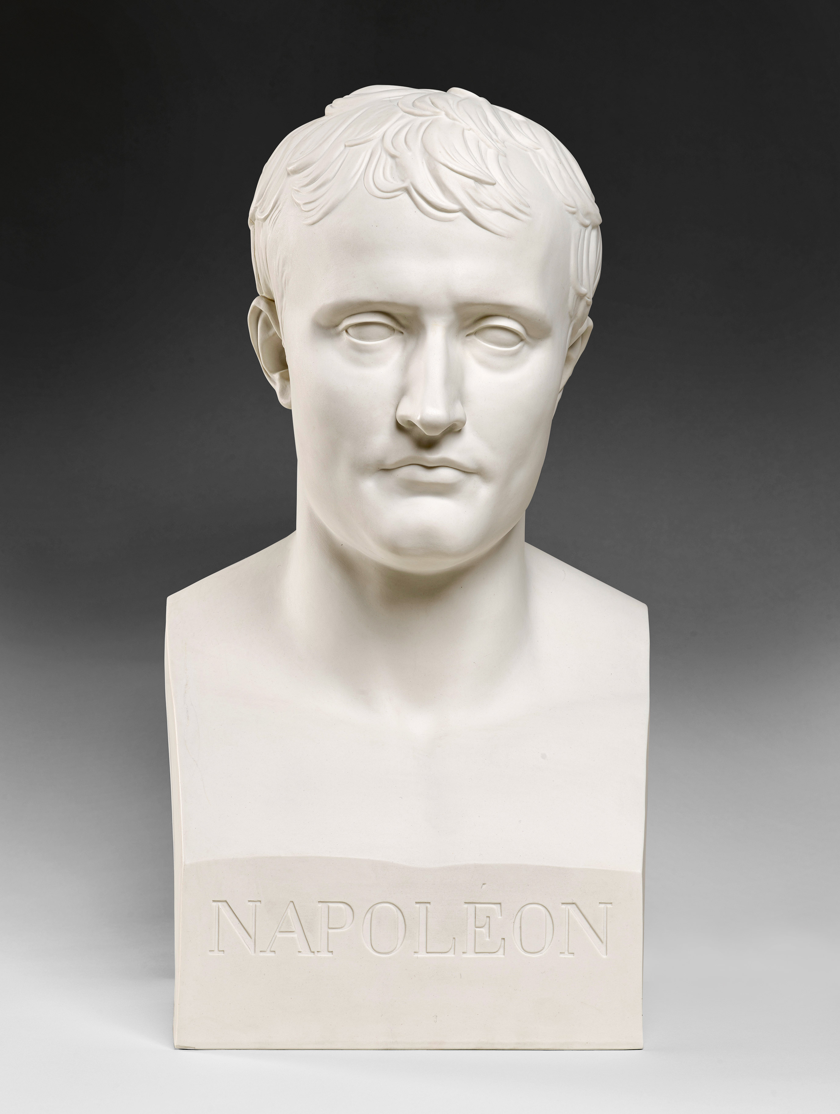 A white marble bust of a man with short, wavy hair and a serious expression. The base of the sculpture features the name "NAPOLÉON" engraved in capital letters. The background is a gradient from dark to light gray.