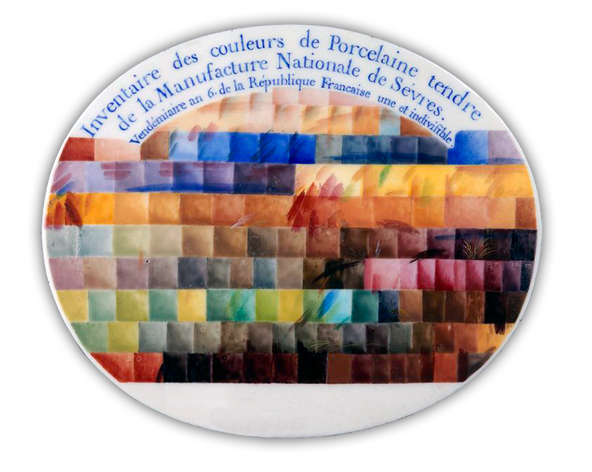 An oval porcelain plate featuring a grid of multicolored squares, each with different shades and hues. There is French text at the top indicating it is an inventory of porcelain colors from the Manufacture Nationale de Sèvres.