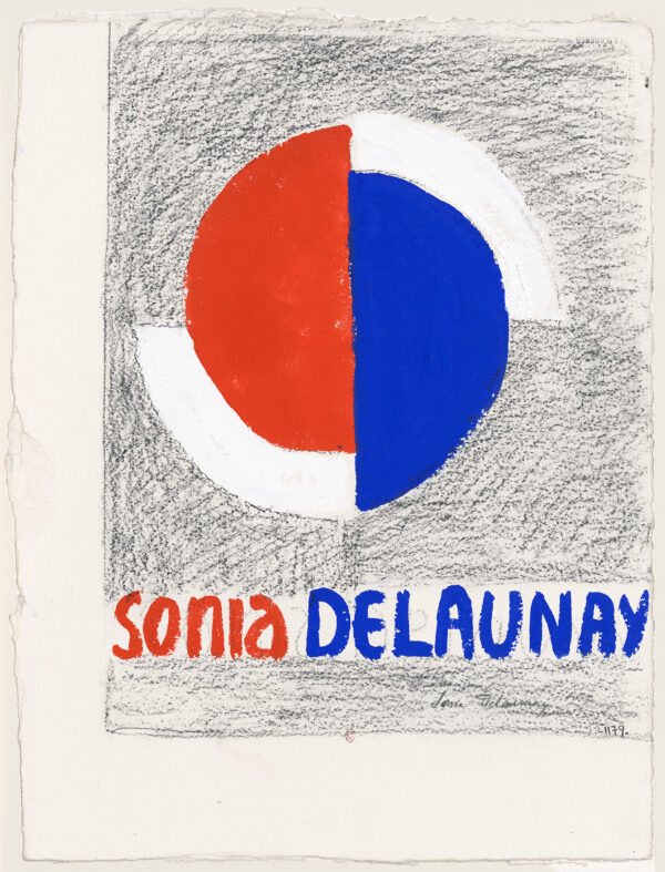 Exhibition poster design for Sonia Delaunay featuring red, white and geometric forms with the artist's name in red and blue.