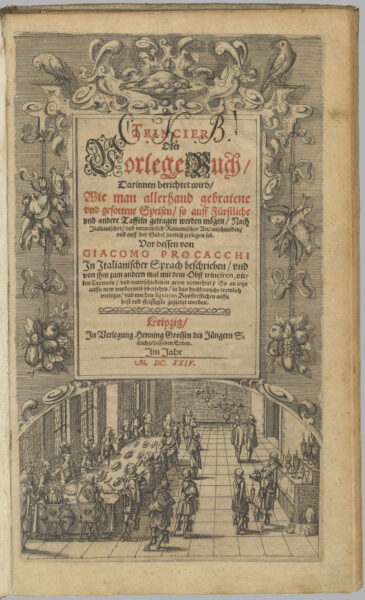 Title page illustration featuring a central text box with multiple ornate font types in both red and black surrounded by decorative illustrations of various animals, fruits, and vegetables. The bottom third of the page depicts a feast with many people gathered around a large table covered with different dishes. A carver stands nearby with a piece of food held aloft on a two-pronged carving fork.