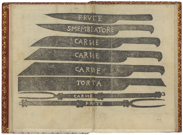 An illustration of eight different carving tools, each labelled in Italian to indicate the food type the tool is intended to be used on.