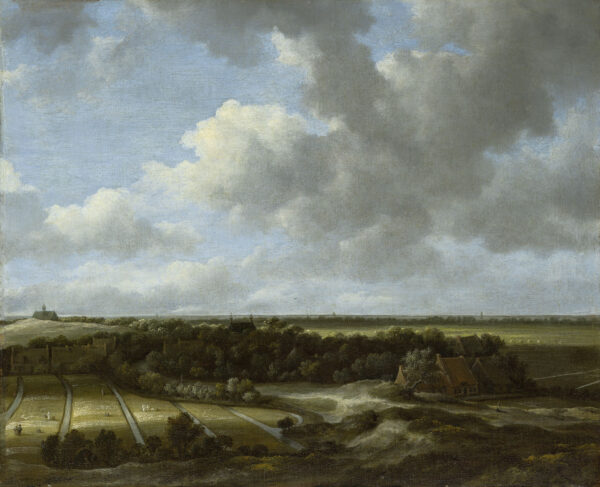 A landscape painting depicting a cloudy sky over vast, flat fields lined with forests and country homes. Workers can be seen in the fields laying out bleached linens to dry.