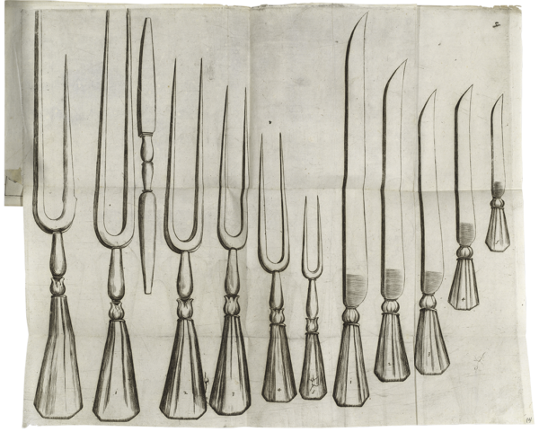 A black and white engraving of twelve carving tools with similar handles laid out in a row. The set includes multiple knives and two-pronged forks of different sizes.