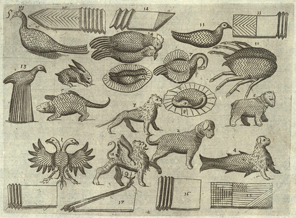 Illustration depicting various animals, including birds, dogs, rabbit, etc. as well as several mythical beasts each made through intricate, geometric napkins folding techniques. Each figure is numbered for reference and multiple napkin folding patterns are detailed around the finished works.