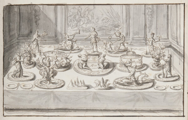 An illustration of an elaborate banquet table setting featuring an array of sculptural elements, including figures and mythical beasts, atop plates and platters.