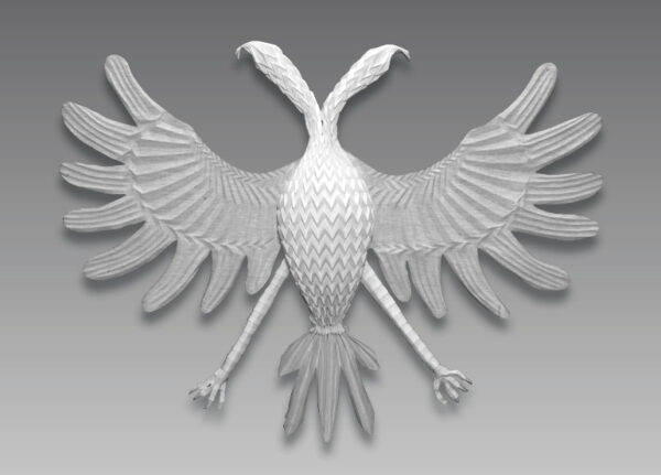 An intricate napkin sculpture depicting a double-headed eagle with large, outspread wings on a grey background.
