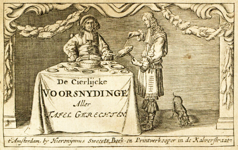 Illustration of a carver preparing a dish for a man seated at a table covered with various dishes. The table is covered with a cloth featuring text in Dutch on the front side. Surrounding the scene is an ornate border with various types of food. A small dog rummages for food on the ground.