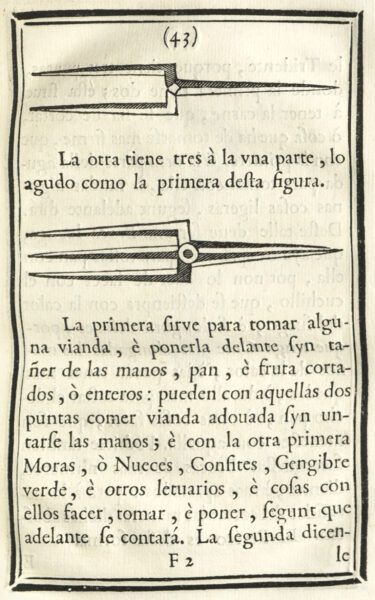 A book page with Spanish text featuring illustrations of a two-pronged and a three-pronged fork.