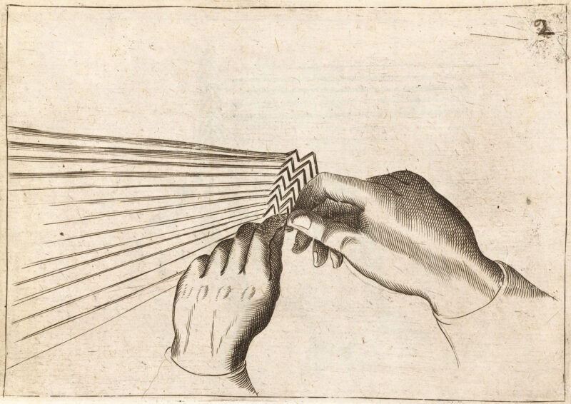 An engraving of two hands demonstrating a napkin folding technique.