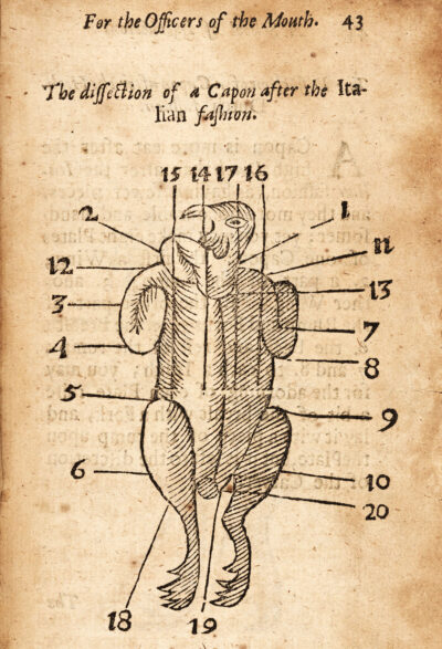 A book illustration titled "The dissection of a Capon after the Italian fashion" which depicts a bird carcass with various body parts numbered from 1 to 20. The book title, "For the Officers of the Mouth," is at the top of the page and the page number, "43."