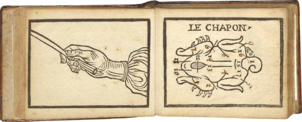 A open book displaying two illustrations: on the left, a hand holds a carving knife and on the right, a diagram of a bird's body labelled "LE CHAPON" has various body parts numbered for suggested carving steps.