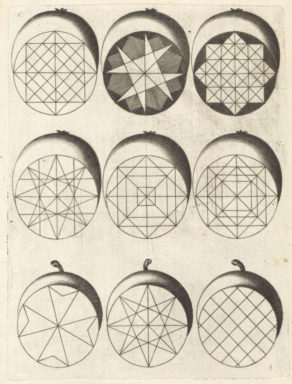 An illustration depicting nine carving techniques for fruits using different geometric patterns.