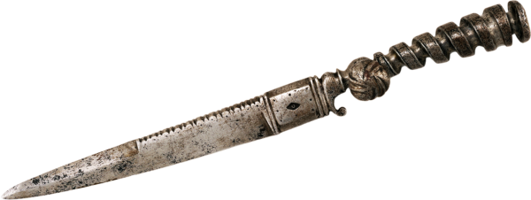 A carving knife made from a single piece of metal featuring a serrated blade and a spiral handle.