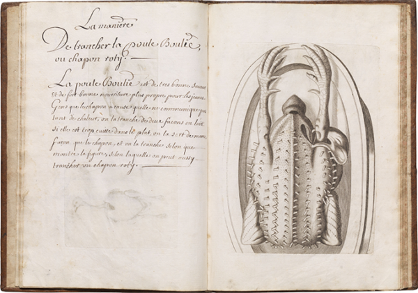 An open book displaying an illustration of a plucked bird carcass on the right-hand side and instructions for carving the bird in French on the left.