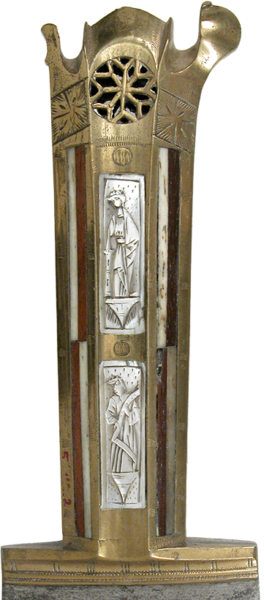 Detail of a brass knife hilt featuring a star-shaped cutout pattern and multiple mother-of-pearl inlays designs depicting religious motifs.
