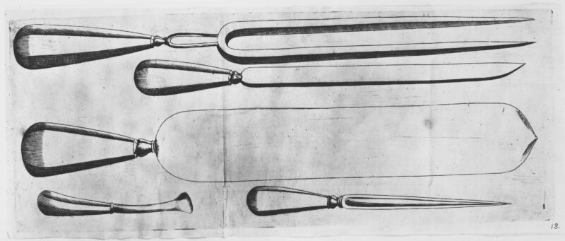 Illustration depicting a set of various carving tools with matching handles.