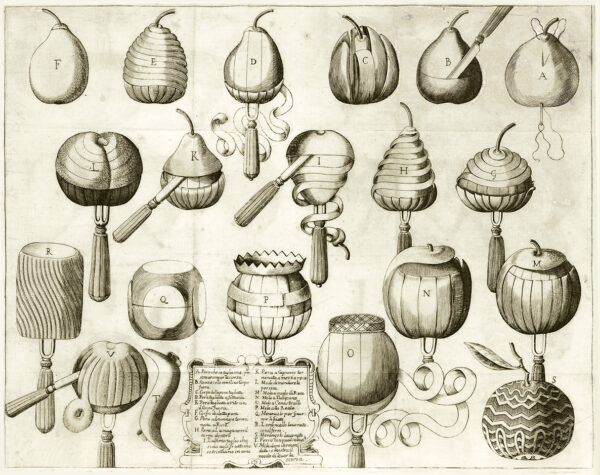 An engraving that features 19 different carving techniques for various fruits. Each fruit is labeled with a letter that corresponds to a legend at the bottom of the illustration.