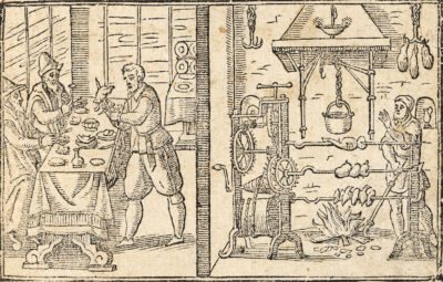 Detail of the title page illustration from "Opera di Bartolomeo Scappi." The woodcut features two scenes: On the left, two men sitting at a table are eating while a carver prepares another dish. On the right, a man cooks meat on a mechanical spit roast over an open flame.