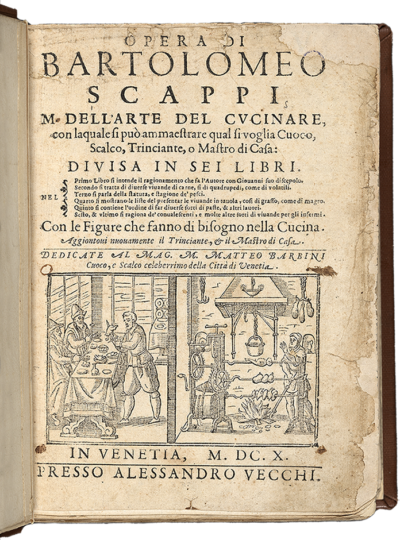 A title page for the book "Opera di Bartolomeo Scappi" featuring text detailing the contents of the book and publication information in Italian and an illustration of a kitchen scene with cooks and carvers preparing food.