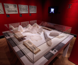 Picture of a showcase of the Folding by the book section in the exhibition "Staging the Table in Europe 1500-1800," containing different examples of napkin folds, and some books with instructions and illustrations of how to do it.
